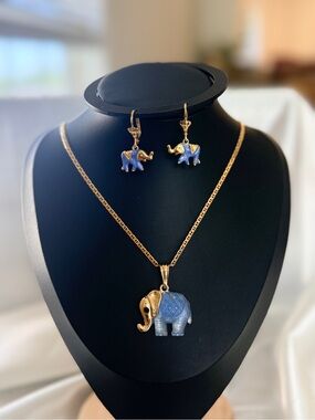 Blue Elephant Pendant Necklace & Earrings Set | 18K Gold Filled | 18”